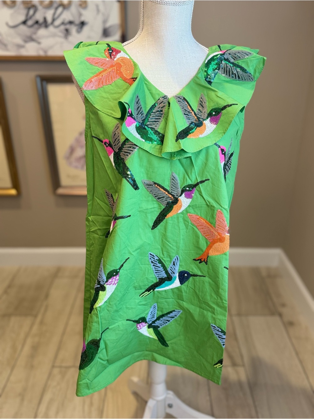 New! QUEEN OF SPARKLES Green Ruffle Sequin Hummingbird Mini Dress